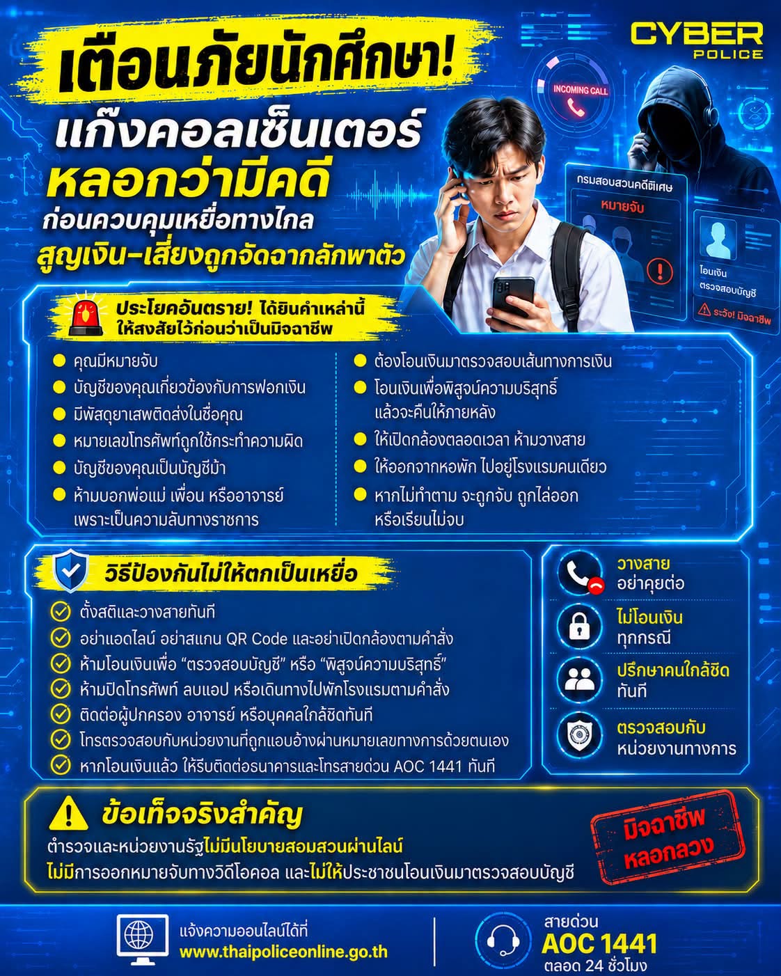 เตือนภัยนักศึกษา! แก๊งคอลเซ็นเตอร์หลอกว่ามีคดี ก่อนควบคุมเหยื่อทางไกล สูญเงิน–เสี่ยงถูกจัดฉากลักพาตัว